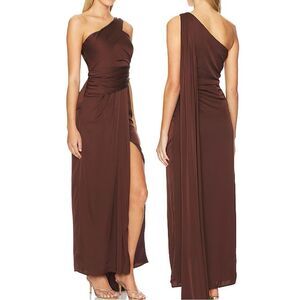 NWT Revolve Yaura Maxi Dress Brown Satin Eden Draped One Shoulder size S /UK 8